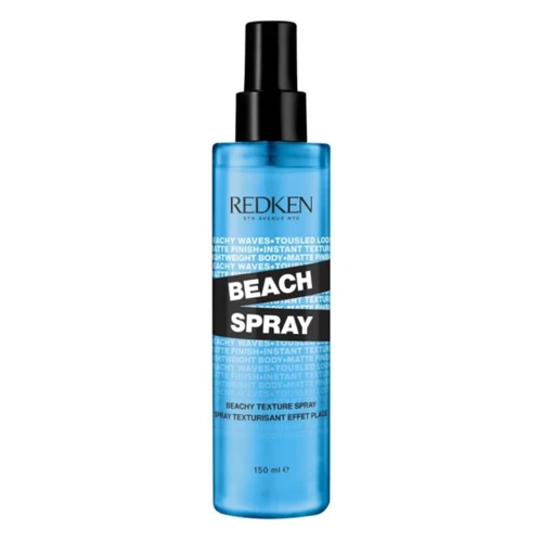 Frasco azul translúcido com spray preto e rótulo REDKEN BEACH SPRAY.