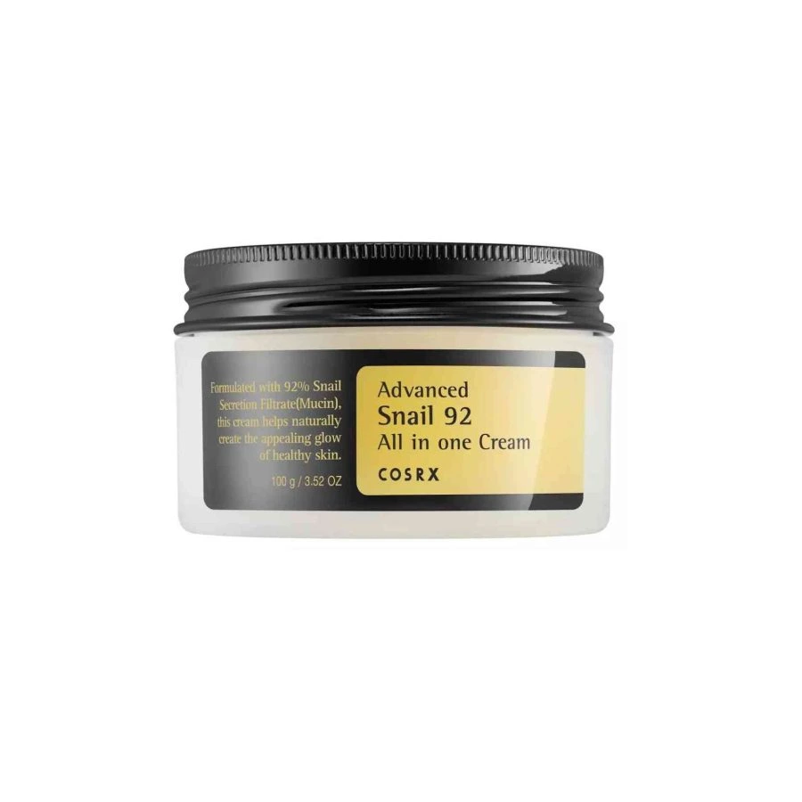 Pote de creme Advanced Snail 92 All in one Cream COSRX com tampa preta e rótulo amarelo e preto