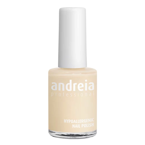 Frasco de verniz de unhas bege da marca Andreia com tampa branca