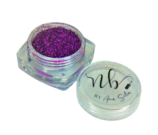 Pote com glitter roxo e tampa transparente com texto