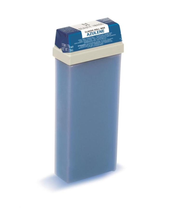 Cartucho de cera azul para depilação com tampa branca e etiqueta azul.