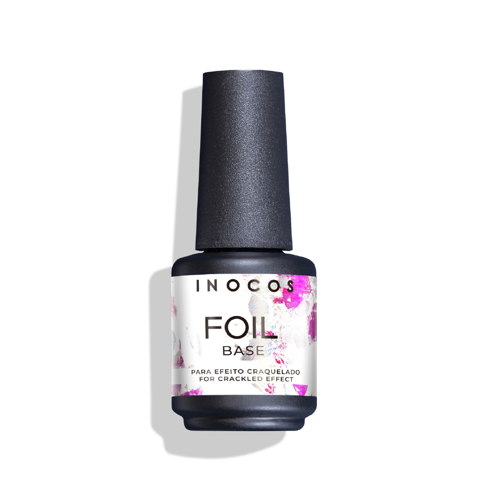 Frasco preto fosco de verniz INOCOS FOIL BASE com rótulo branco manchado de roxo