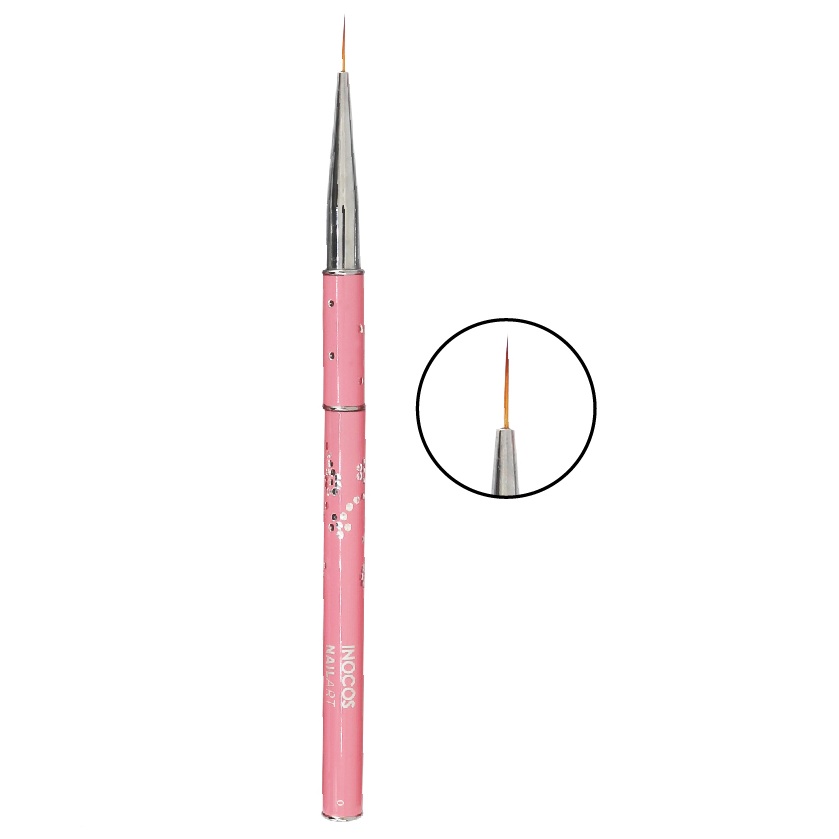 Pincel de ponta fina rosa com flores e cabo metálico prateado