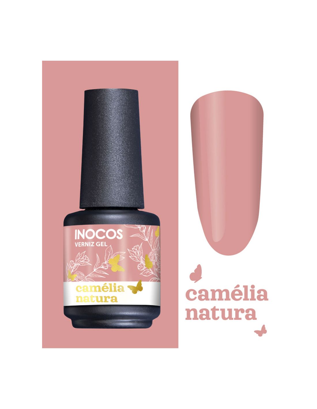 Verniz gel Inocos camélia natura com tampa preta e rótulo rosa