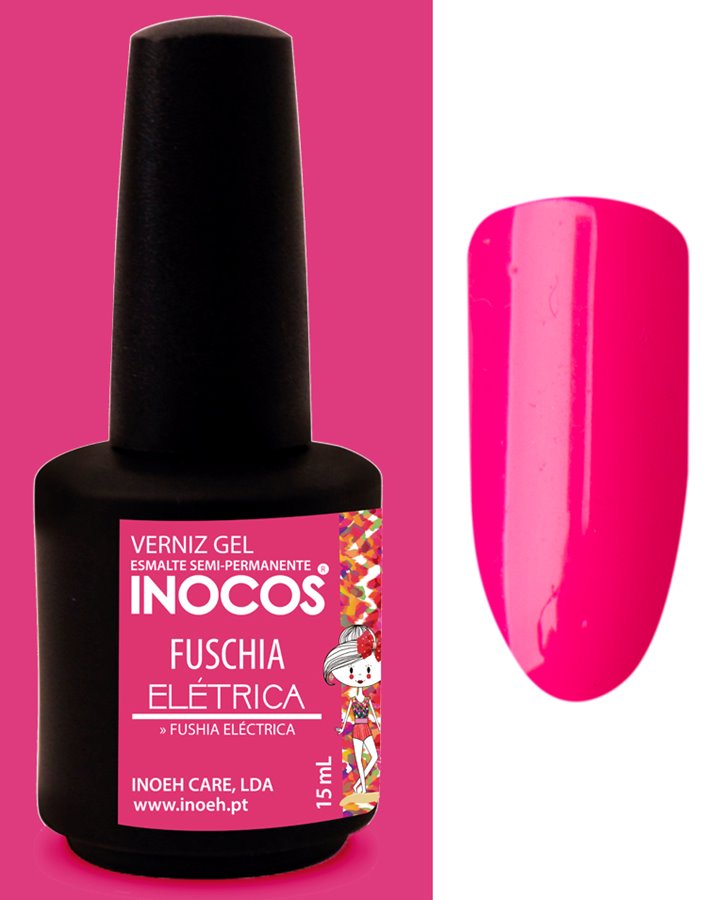 Frasco de verniz gel preto com etiqueta rosa e amostra de cor fúcsia elétrica