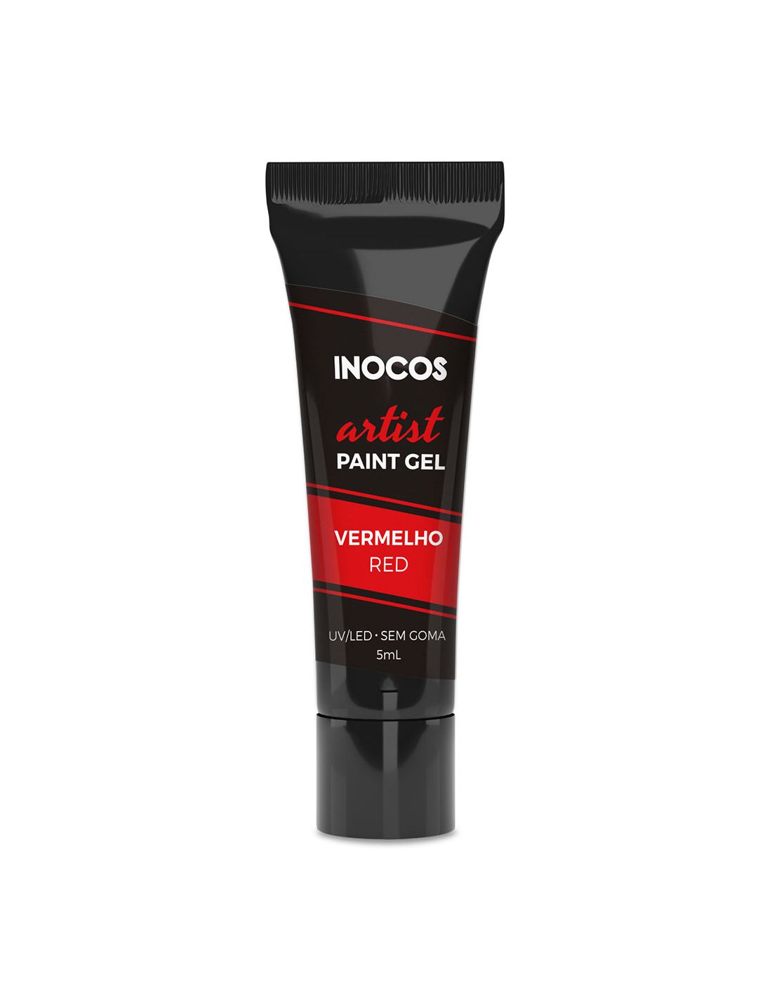 Tubo preto de gel para pintura INOCOS vermelho com texto em português e inglês
