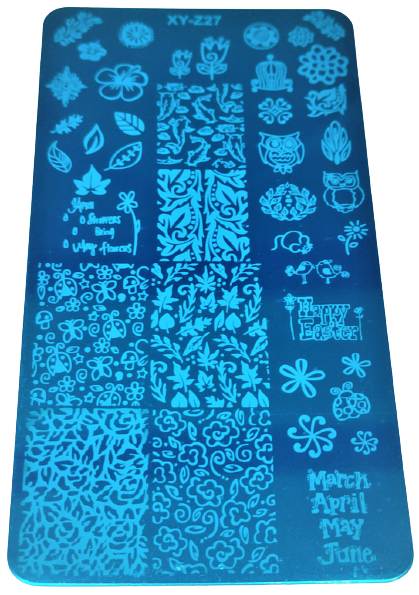 Placa metálica azul para carimbos de unhas com padrões de flores e texto