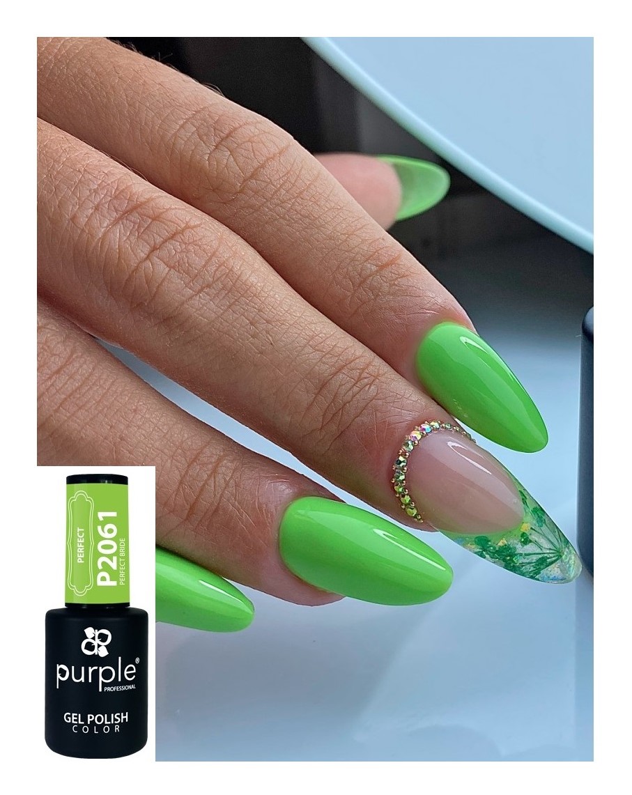 Unhas verdes com decoração de pedra brilhante e frasco de verniz de gel preto Purple P2061
