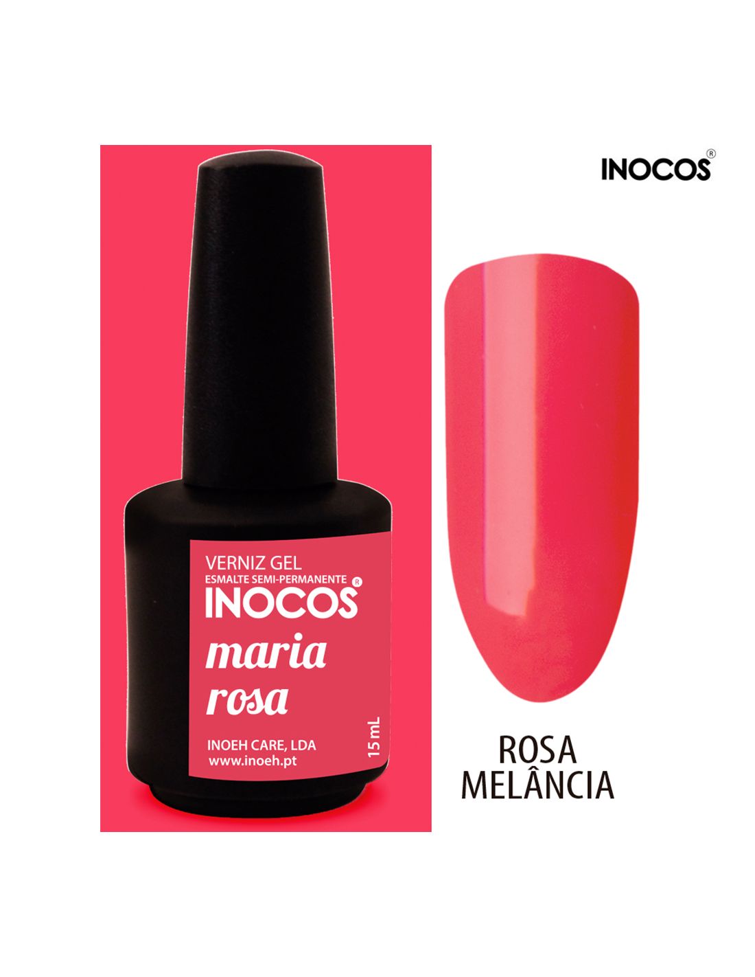 Esmalte gel INOCOS 'maria rosa' e amostra da cor rosa melância