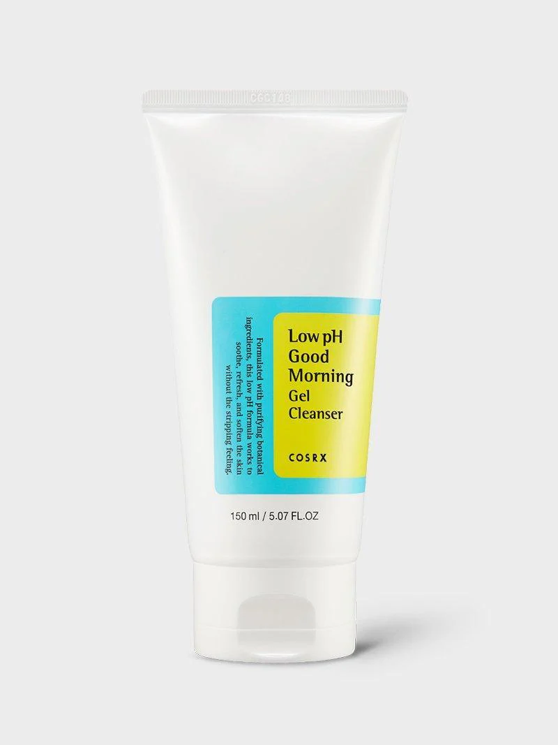 Frasco branco de gel de limpeza facial Low pH Good Morning Gel Cleanser da COSRX com 150 ml.