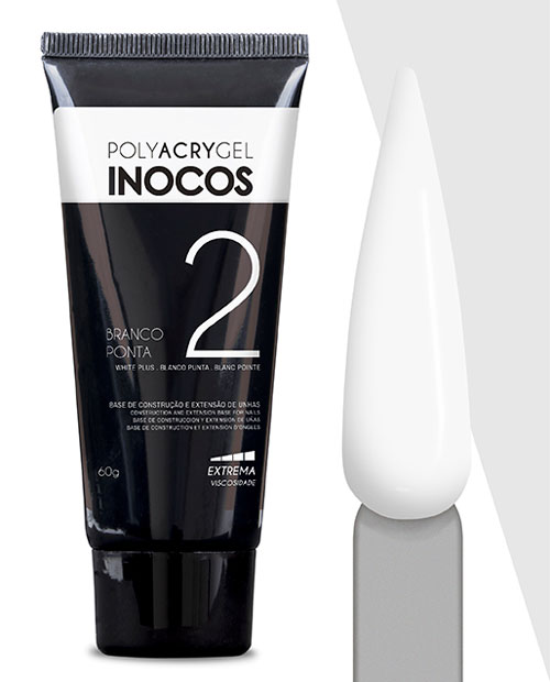 Tubo de cosmético preto e branco POLYACRYGEL INOCOS 2 e aplicador branco em fundo branco