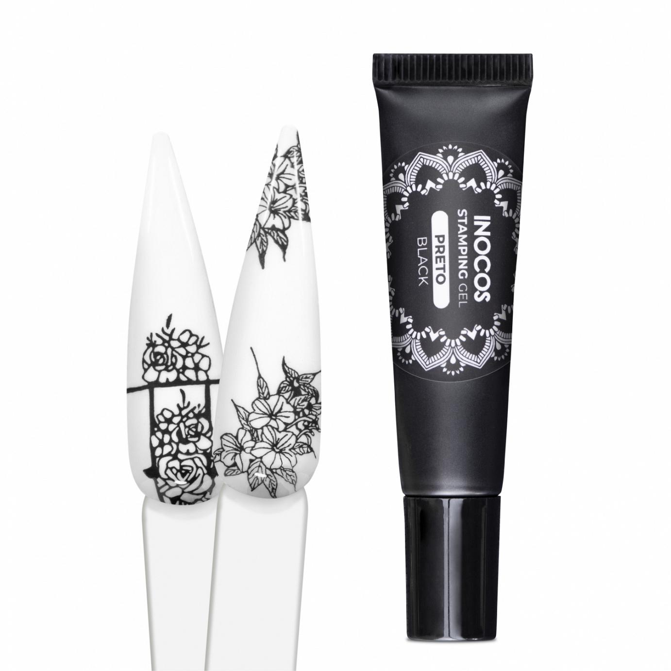Tubo preto de gel para unhas e dois moldes de unhas decorados com padrões florais pretos.
