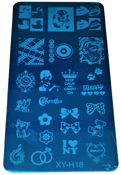 Placa metálica azul com desenhos brancos variados e texto