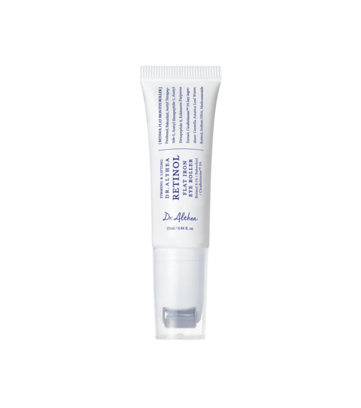 Tubo branco com tampa transparente contendo creme para olhos com texto azul