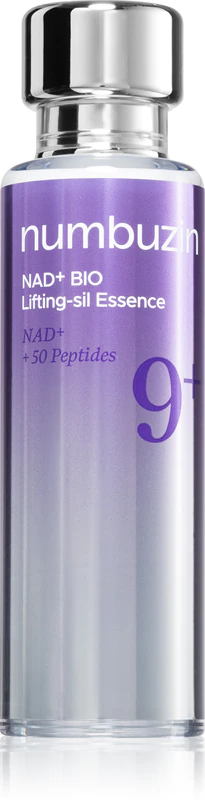 Frasco de essência facial Numbuzin NAD+ BIO Lifting-sil Essence com tampa prateada e rótulo roxo degradê
