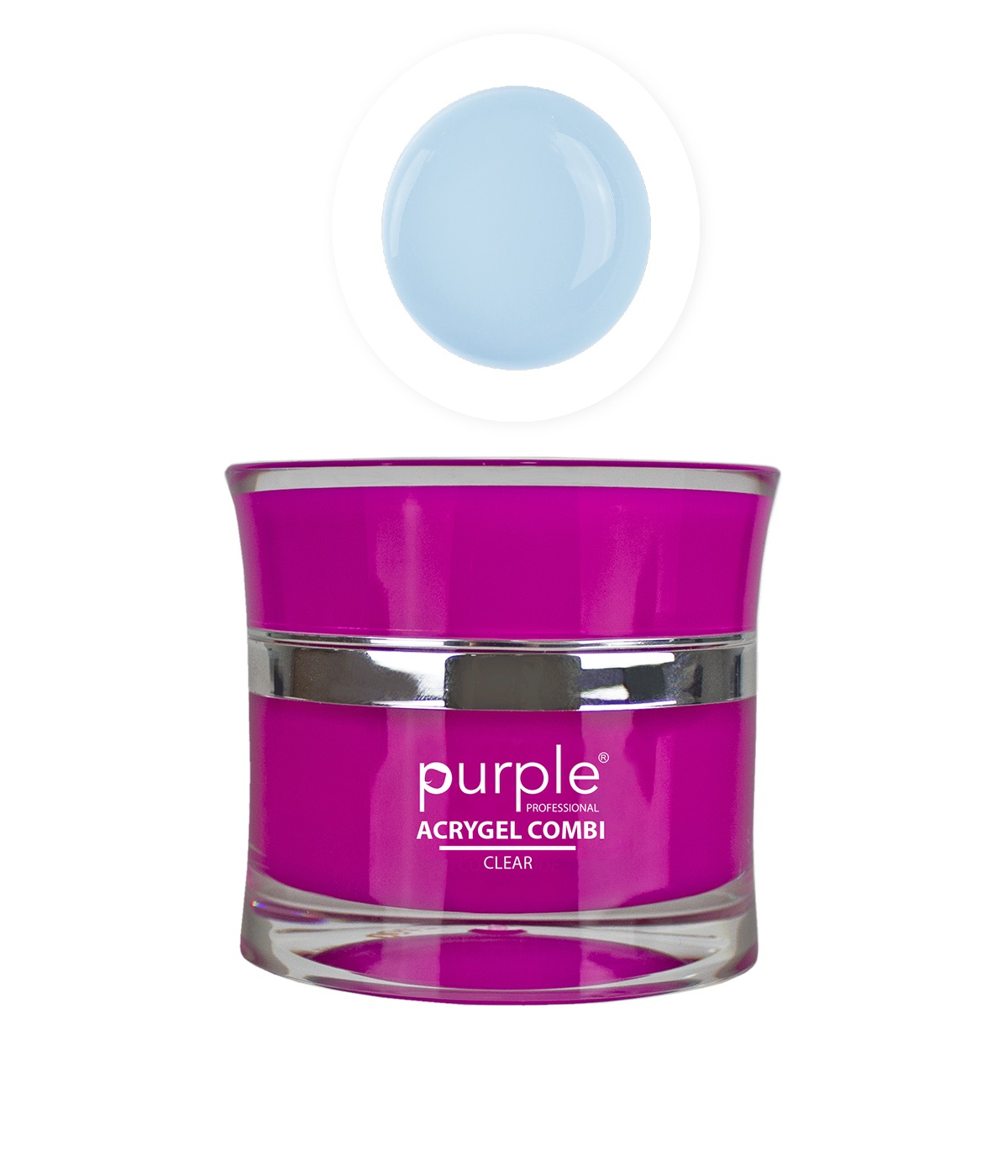 frasco de gel transparente com tampa roxa e faixa prata