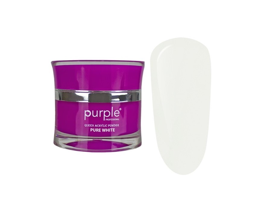 Pó acrílico branco puro da marca purple com pote e amostra da cor