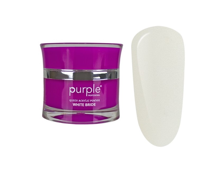 Pote roxo de pó acrílico para unhas com rótulo 'QUEEN ACRYLIC POWDER WHITE BRIDE' e amostra de cor branca