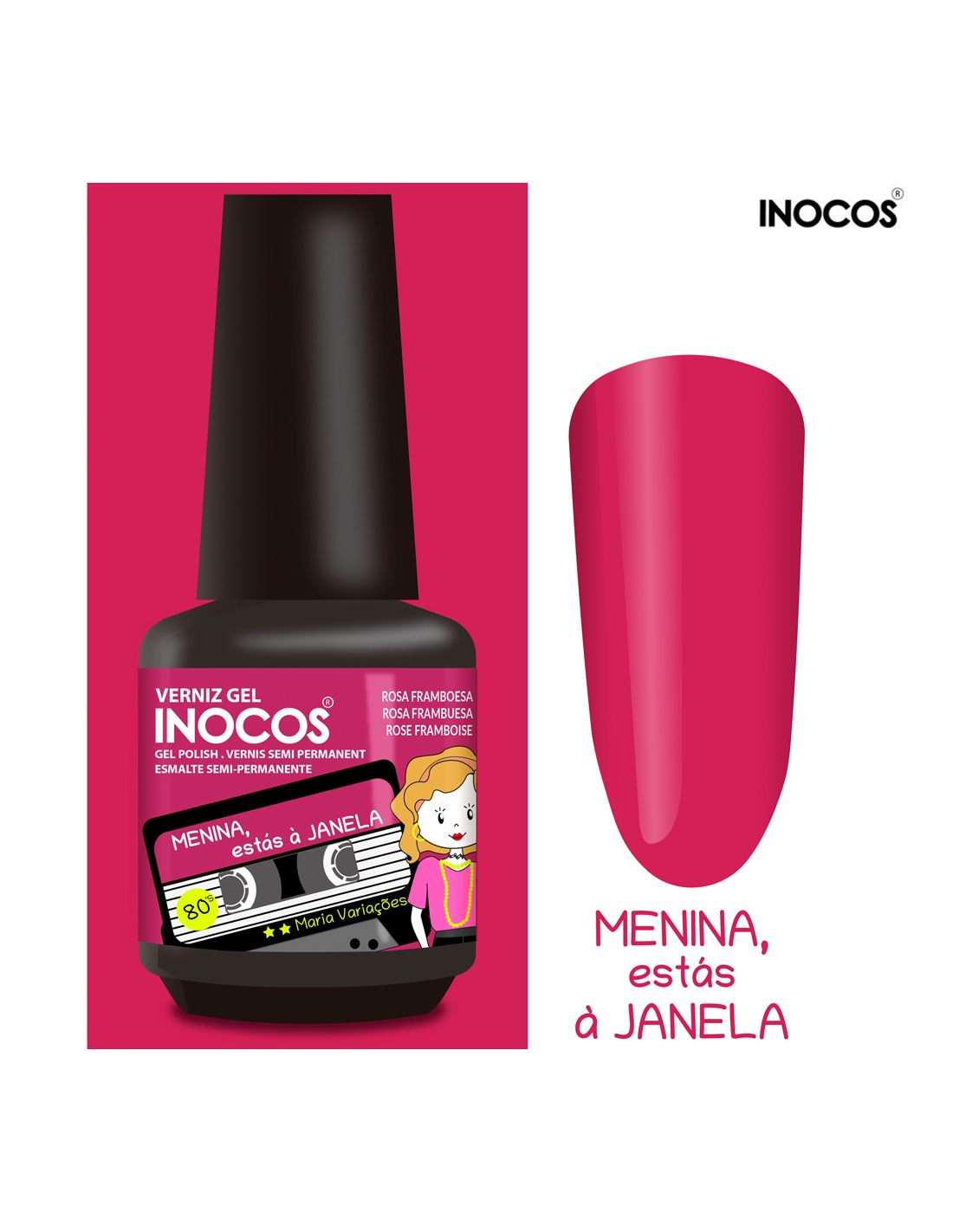 Esmalte em gel rosa framboesa INOCOS com rótulo decorado e nome da cor