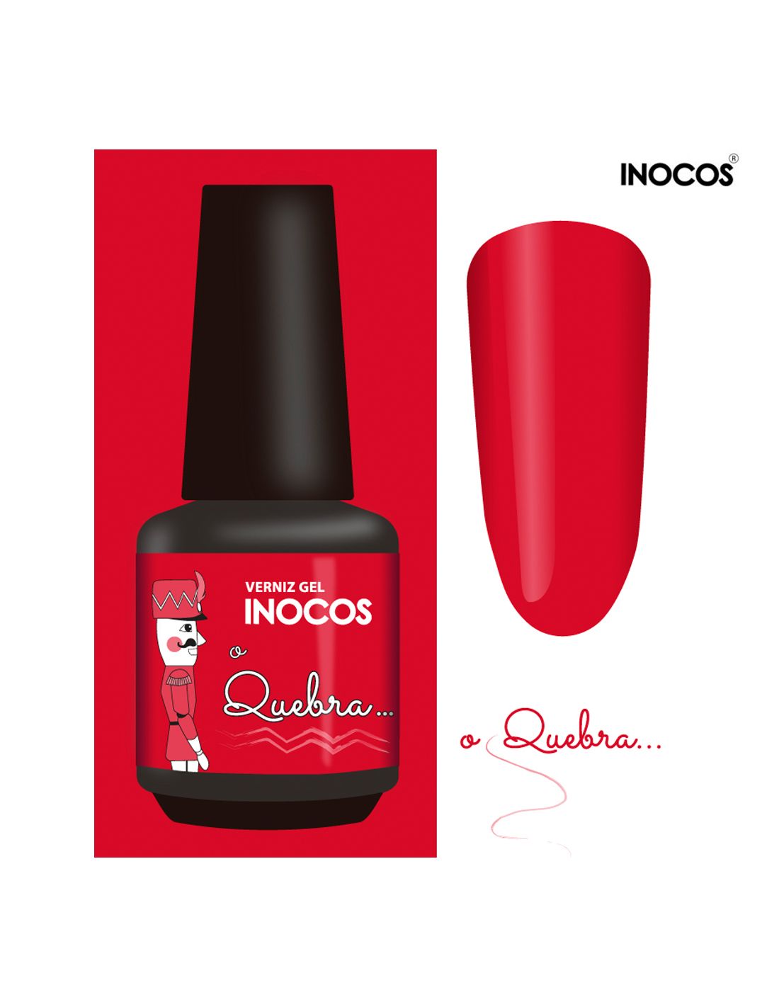 Verniz gel INOCOS vermelho com rótulo e amostra de cor