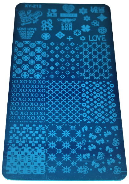 Placa de carimbos para unhas azul escura com desenhos brancos variados e textos distintos