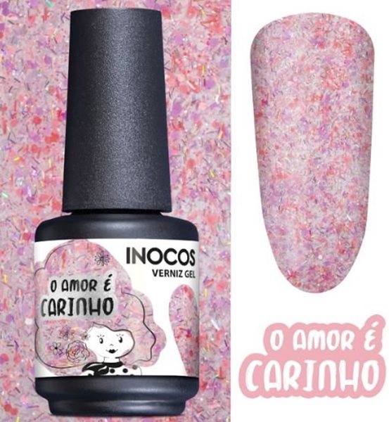 Frasco de verniz gel INOCOS com rótulo e amostra de cor rosa texturada.