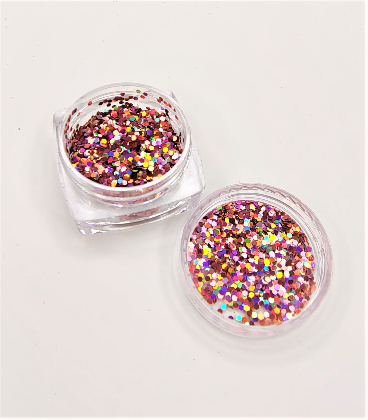 Frascos transparentes com glitter colorido redondo