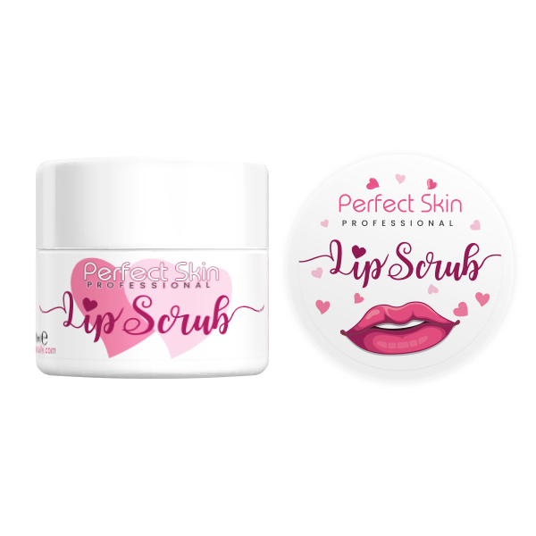 Frasco branco de esfoliante labial Perfect Skin Lip Scrub com tampa e ilustrações de lábios e corações.