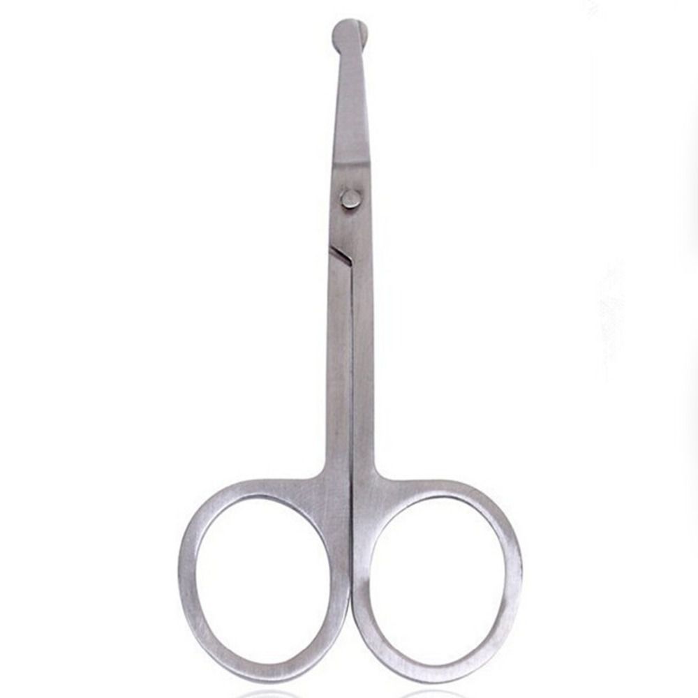 Tesoura pequena de metal prateado com lâminas curtas arredondadas
