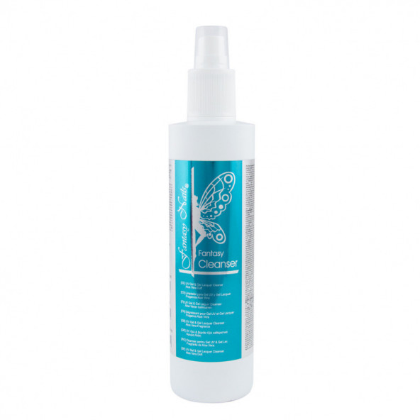 Frasco branco com tampa spray e etiqueta azul de Fantasy Cleanser