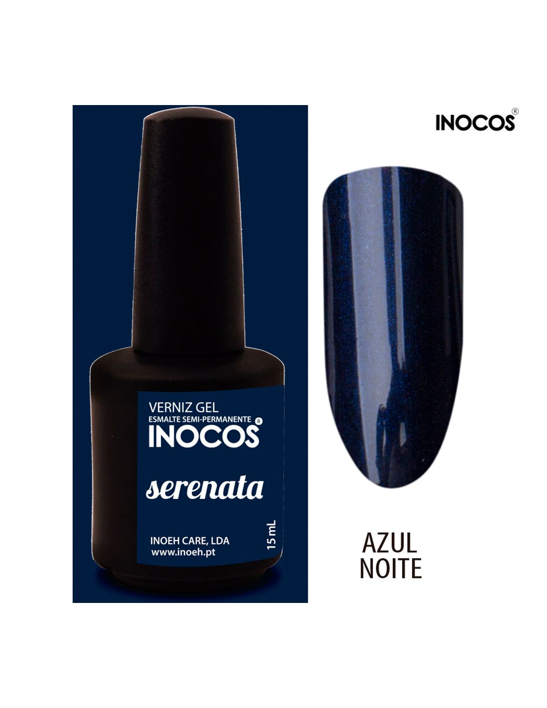 Verniz gel INOCOS serenata azul noite com frasco preto e amostra da cor azul escura brilhante