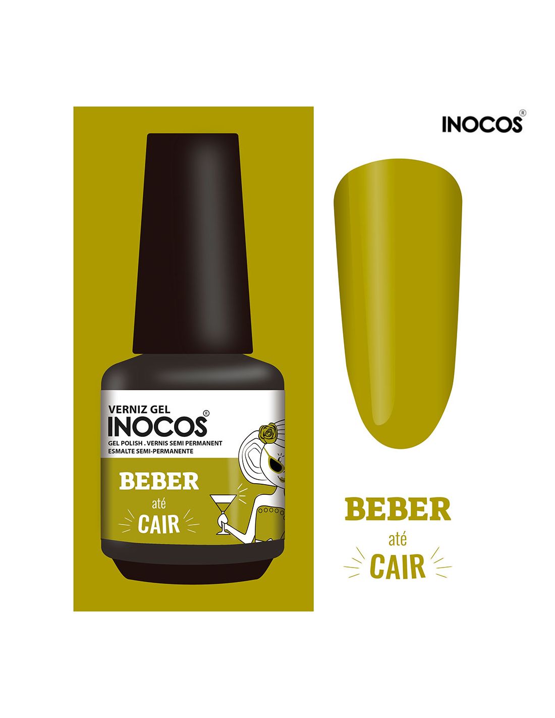 Esmalte verniz gel verde-oliva Inocos com rótulo e amostra da cor