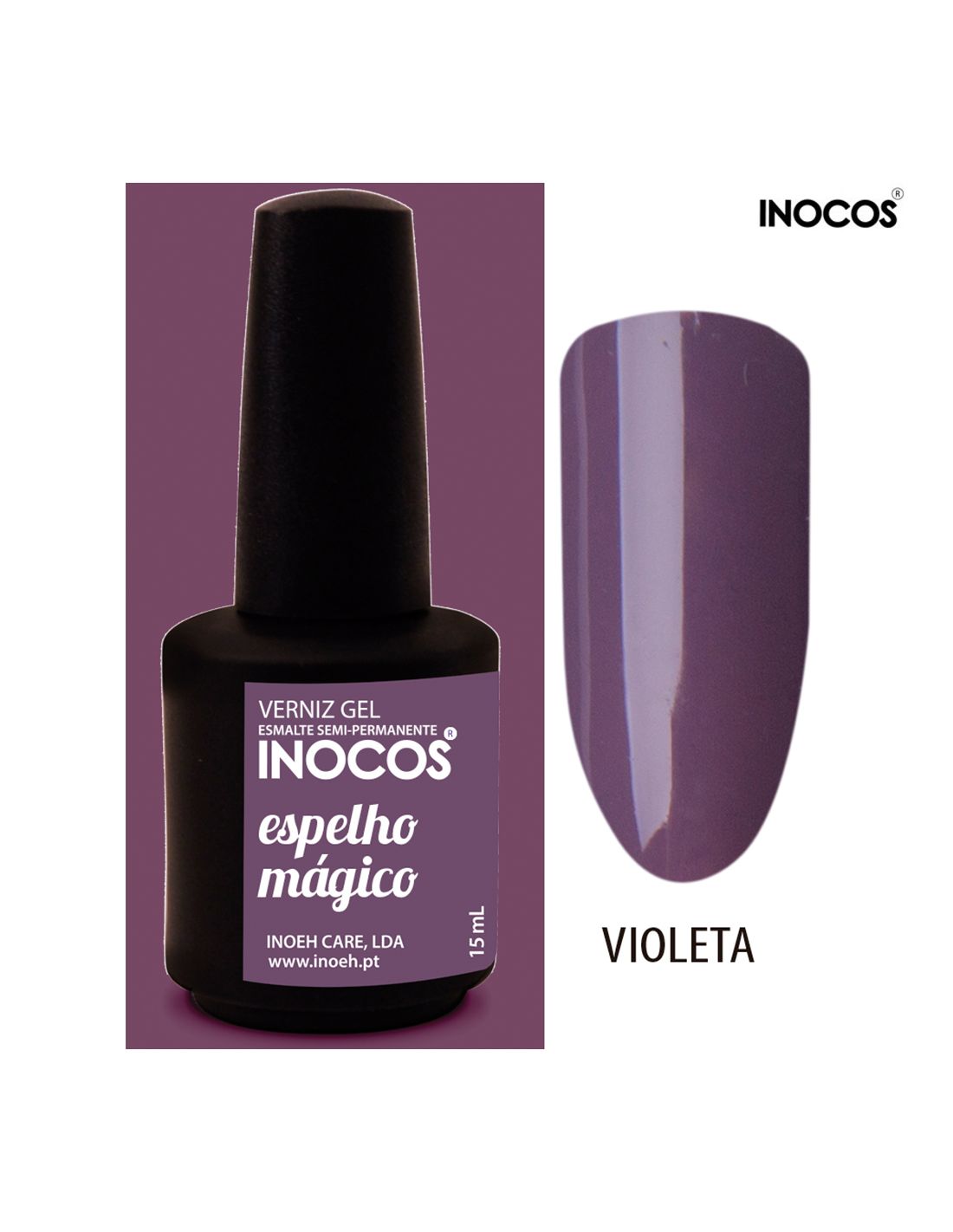 Frasco de verniz gel INOCOS e amostra de cor violeta