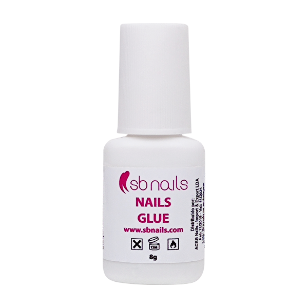 Frasco branco pequeno de cola para unhas sb nails com etiqueta e tampa branca