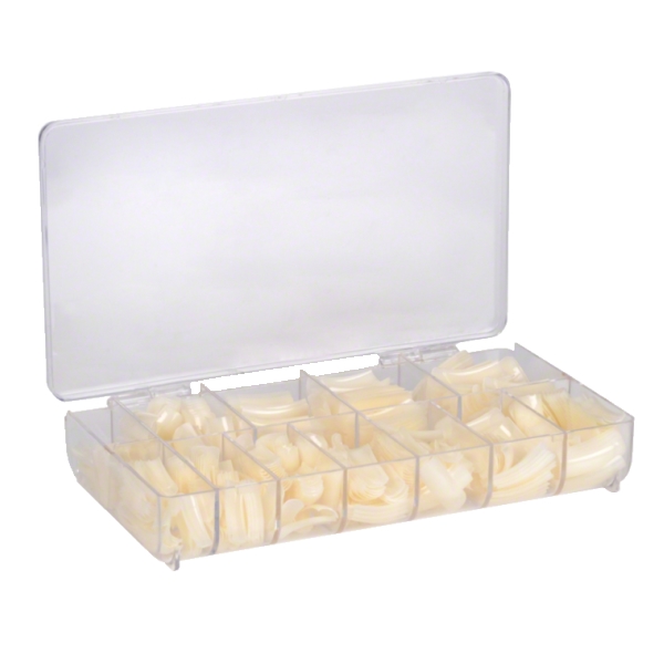 Caixa transparente com unhas postiças bege em várias divisórias