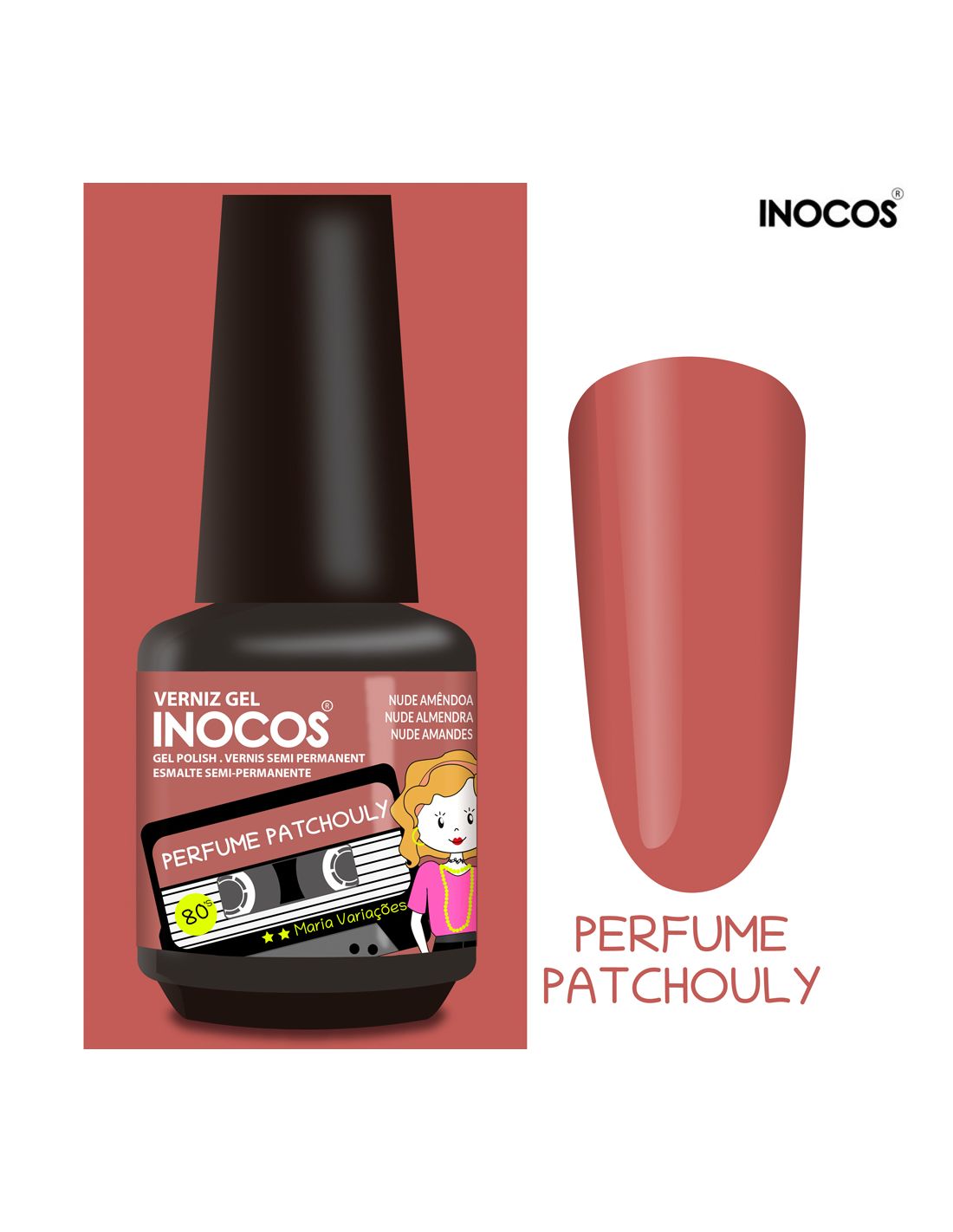Verniz gel INOCOS Nude Amêndoa com rótulo Perfume Patchouly