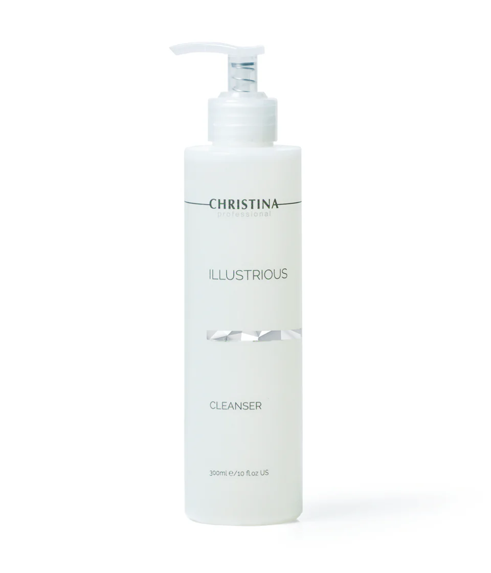 Frasco branco com doseador e rótulo Christina Illustrious Cleanser