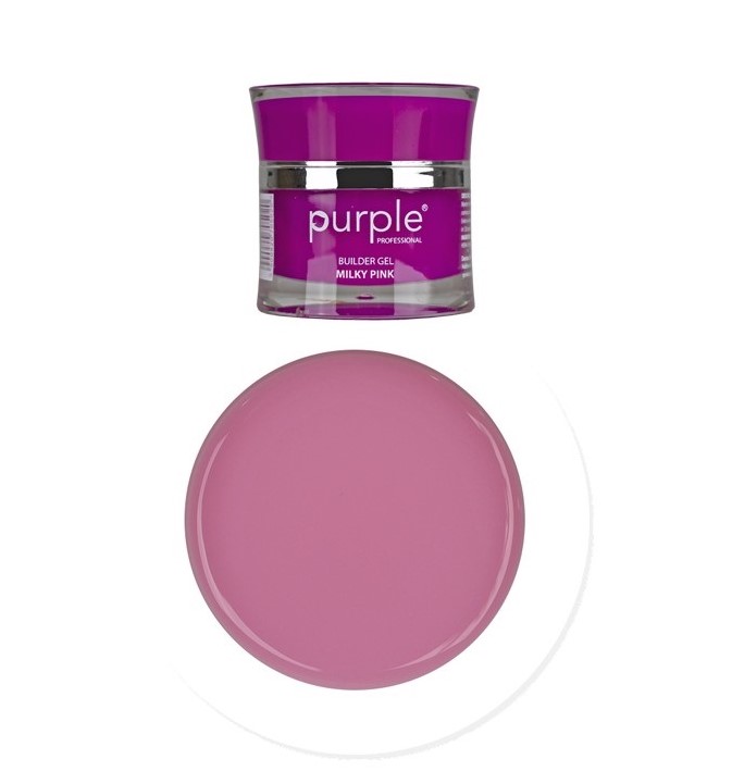 Frasco de gel para unhas roxo com rótulo e amostra da cor rosa leite.