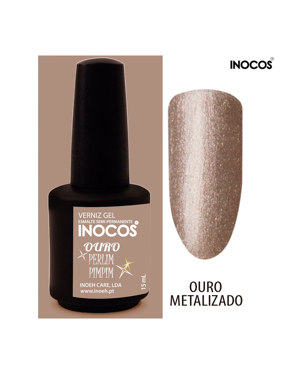frascos de verniz gel INOCOS cor Ouro Metalizado com amostra da cor