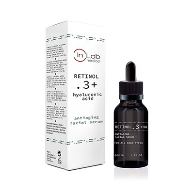 Sérum facial anti-envelhecimento In Lab medical Retinol 3+ com embalagem branca e frasco preto