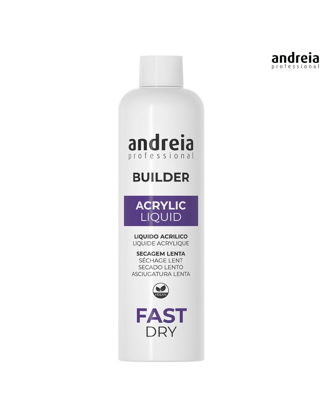 Frasco plástico branco com rótulo andréia professional e texto em roxo e preto