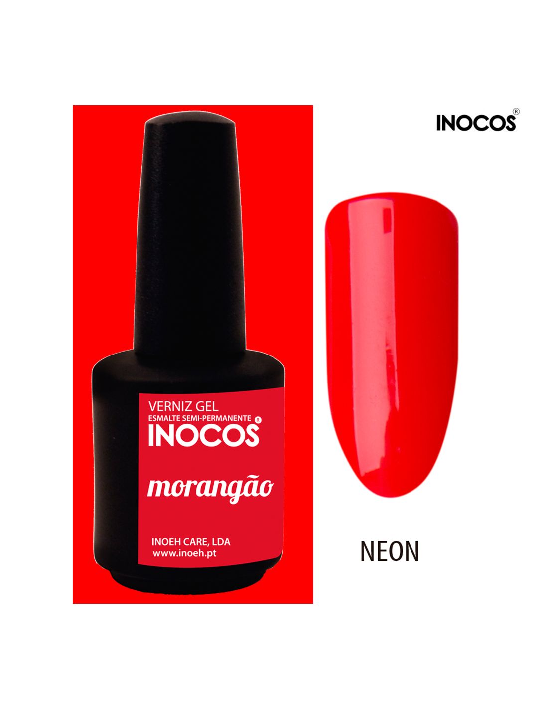 Frasco de verniz gel vermelho Morangão da INOCOS com amostra de cor neon