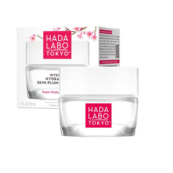 Creme Hada Labo Tokyo em vidro transparente com tampa branca e caixa com flores rosas