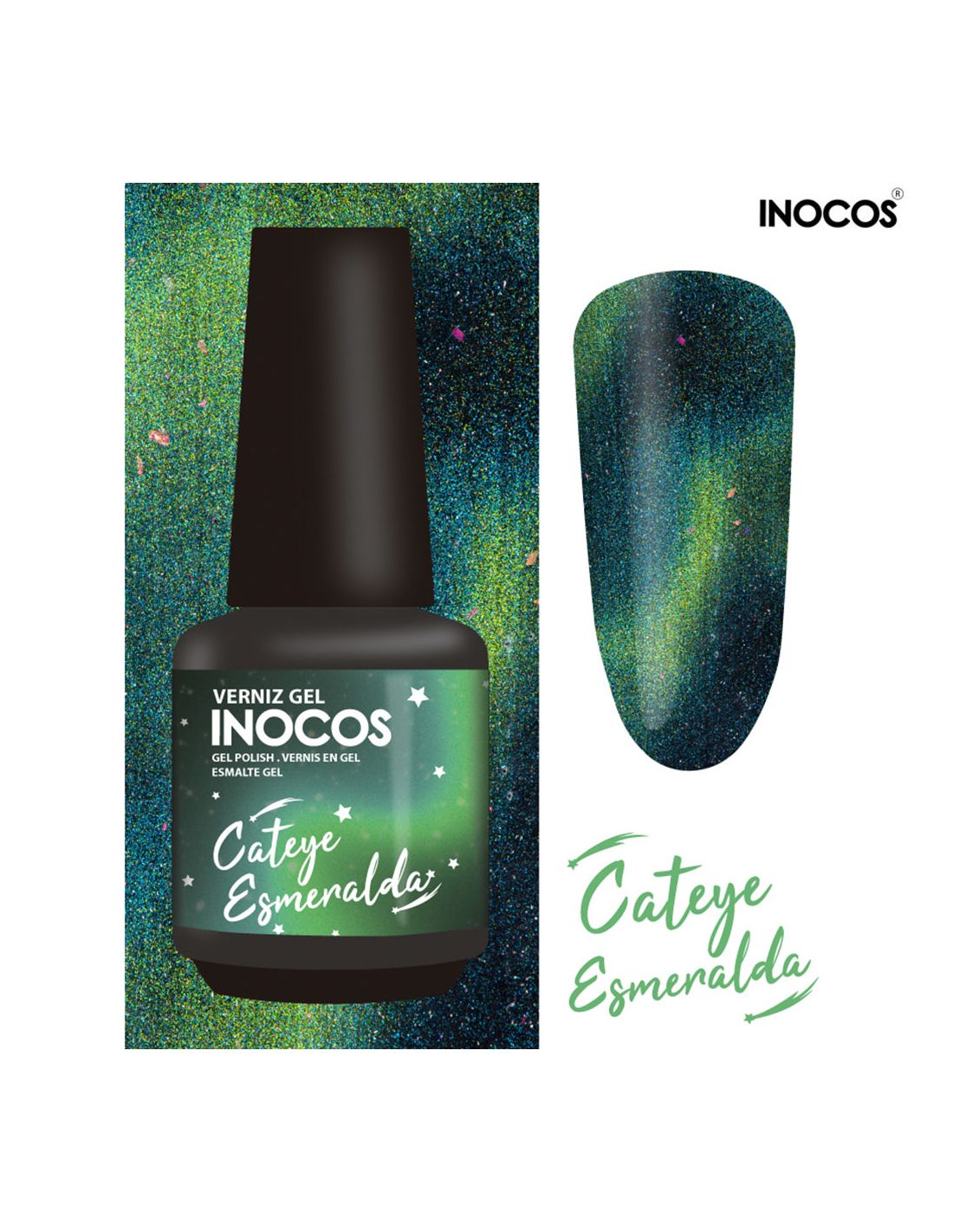 Verniz gel INOCOS Cateye Esmeralda com efeito iridescente verde e azul
