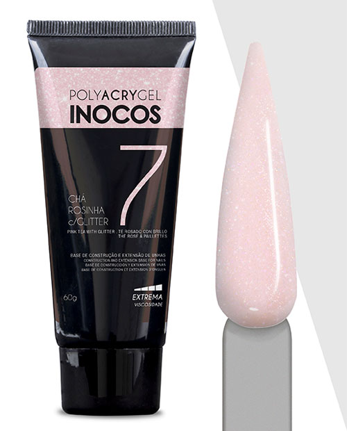 Frasco preto de gel para unhas POLYACRYGEL INOCOS 7 Chá Rosinha Glitter com amostra da cor rosa com brilho