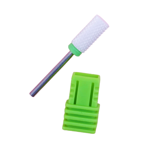 Broca de unhas branca de cerâmica com suporte verde.