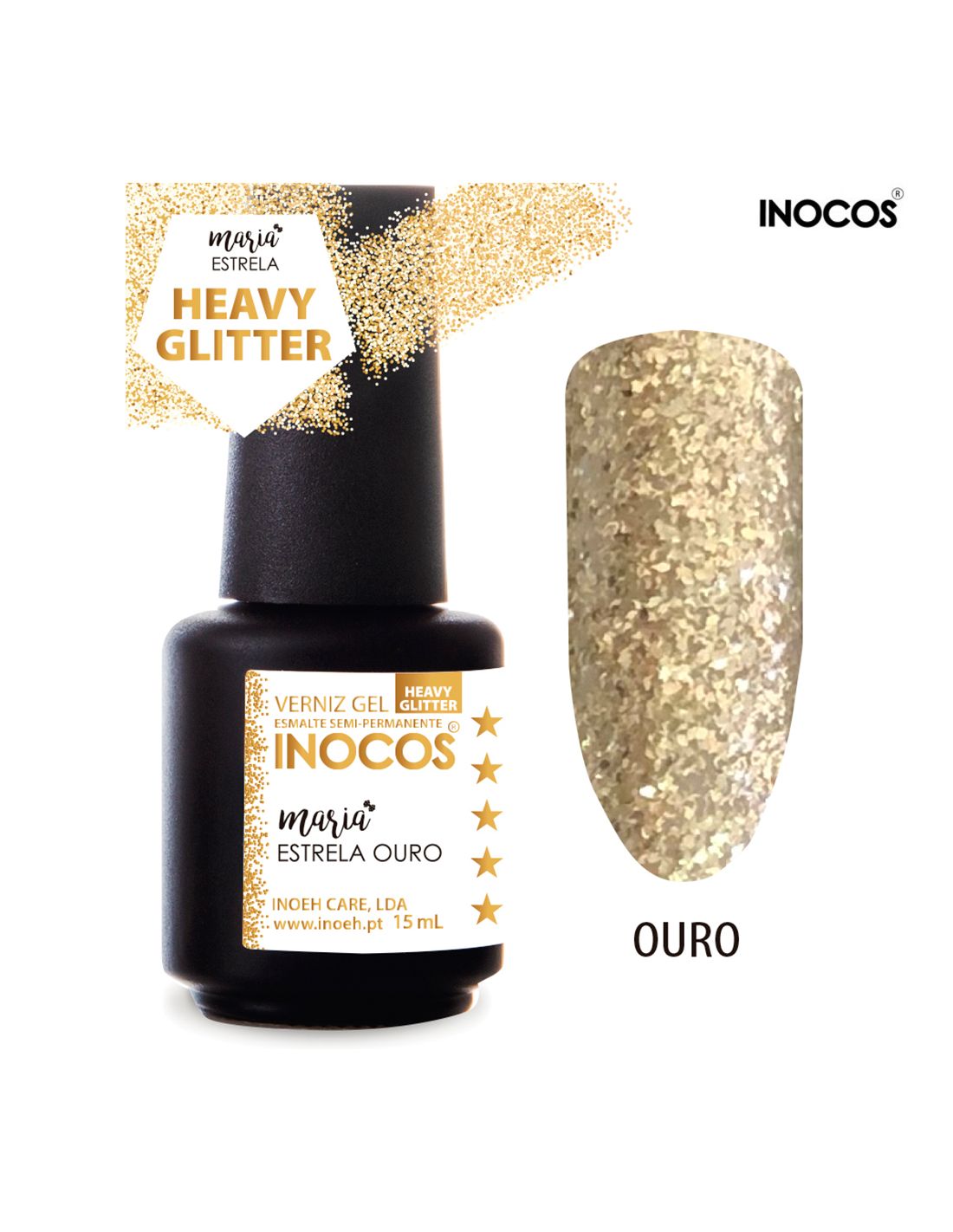 Frasco de verniz gel com glitter ouro da marca INOCOS e amostra da cor
