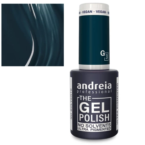 Verniz gel Andreia Professional verde escuro com rótulo e tampa com texto, amostra de cor do verniz