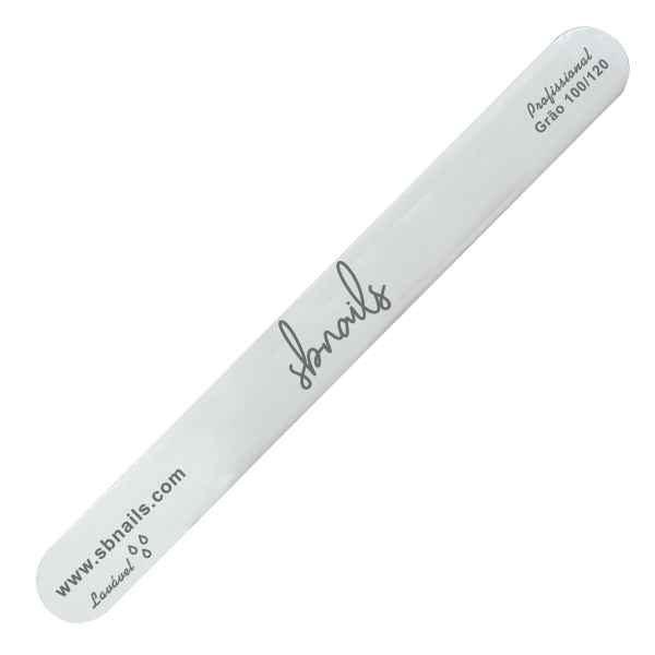 Lima de unhas branca com texto impresso da marca sbnails.