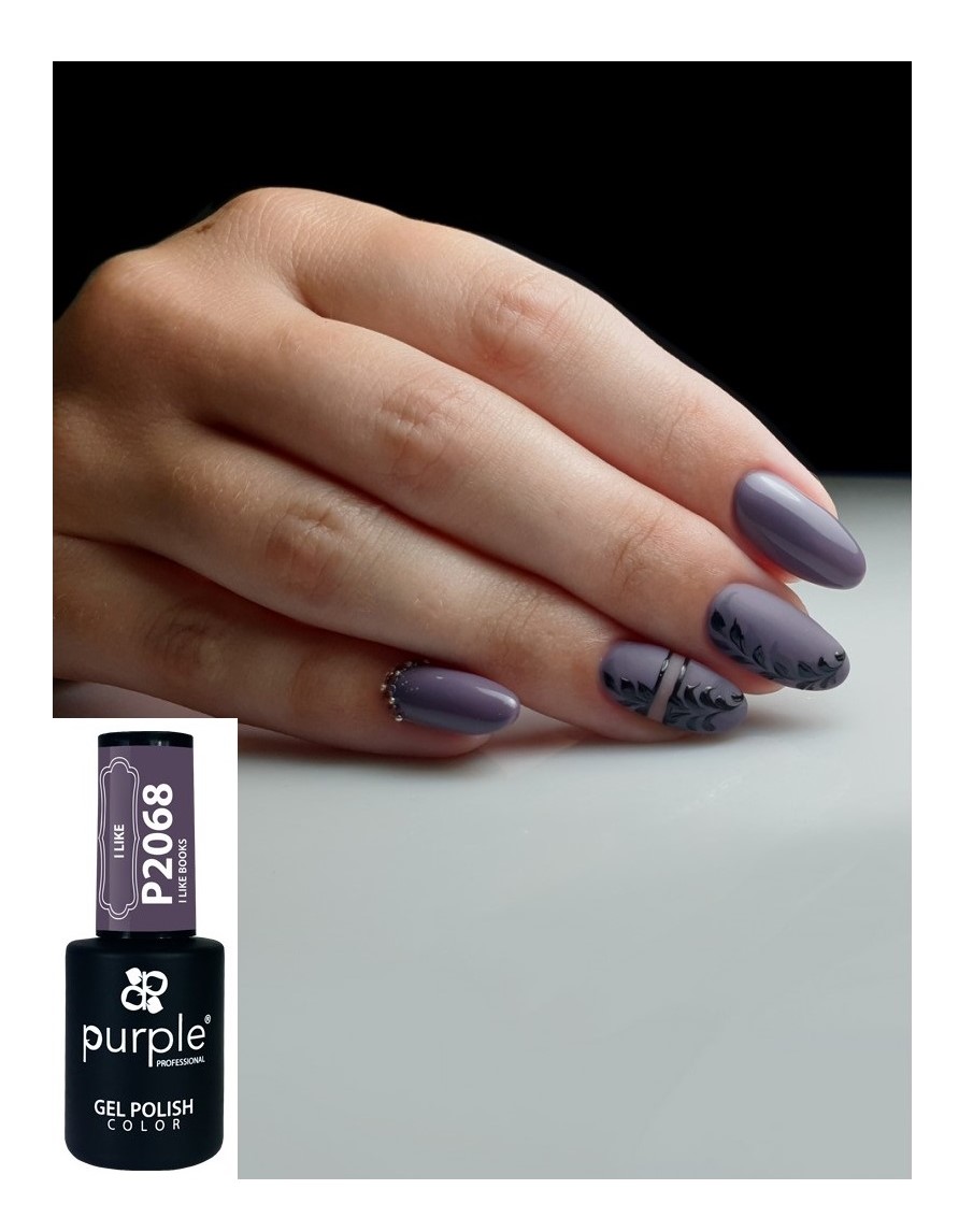 Unhas pintadas de lilás fosco com decoração floral e frasco de verniz gel Purple P2068